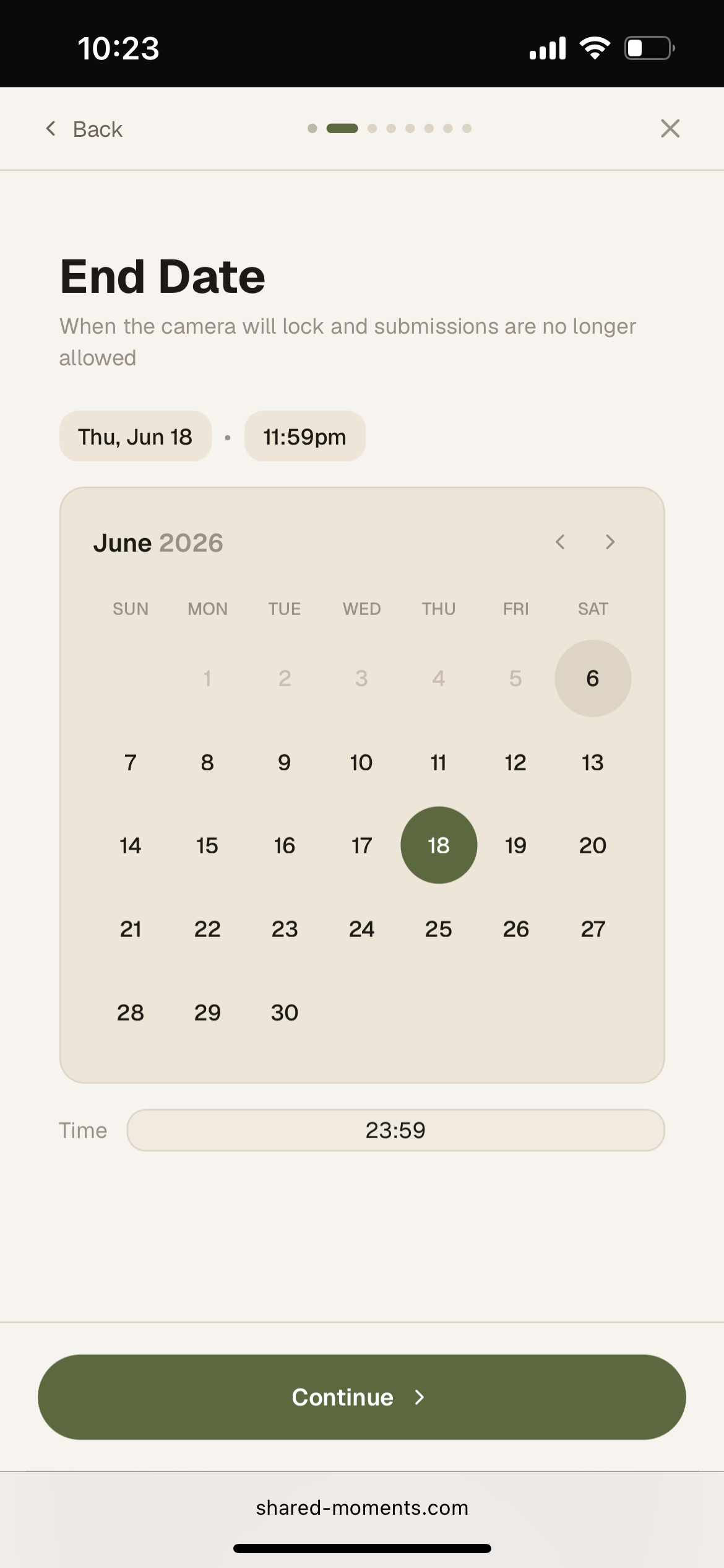 End date picker screen