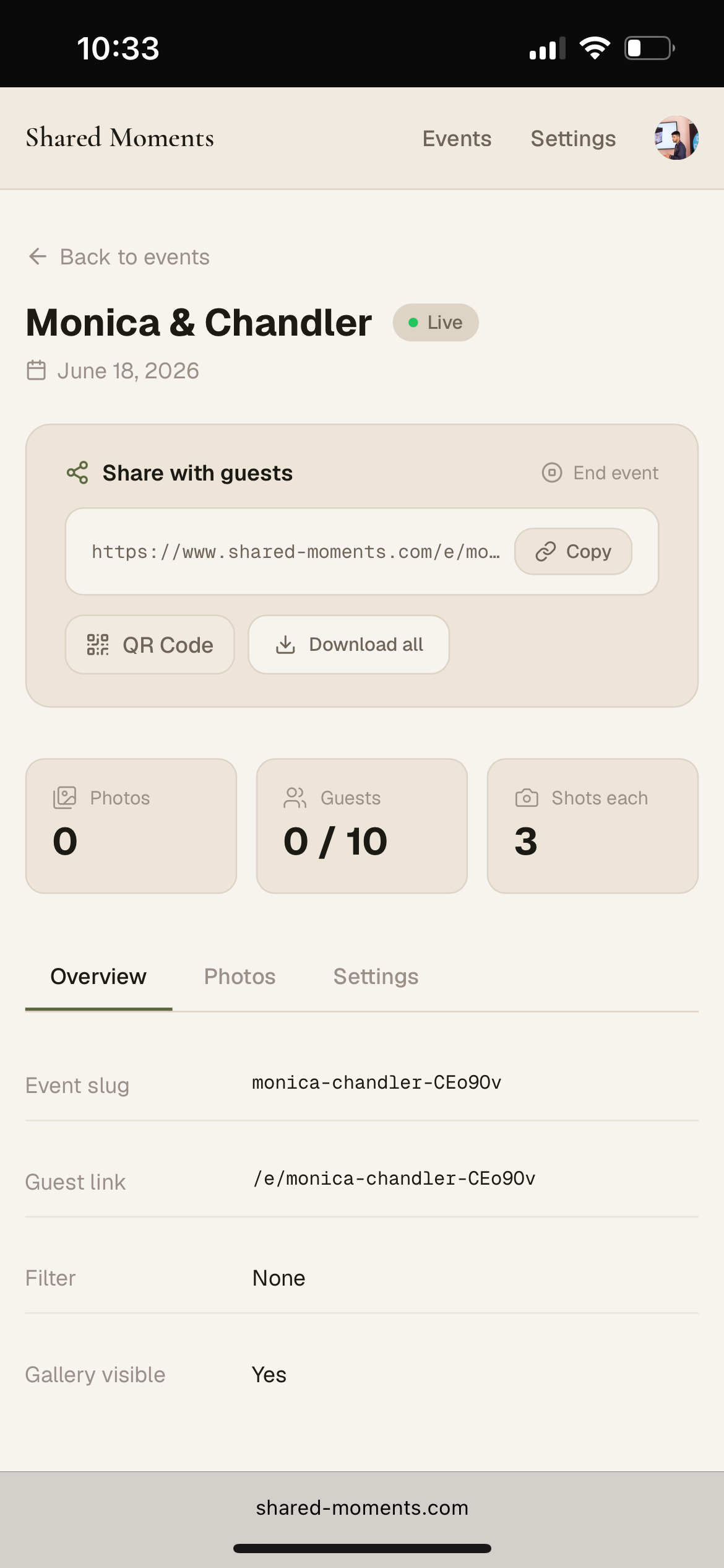 Live event with share options