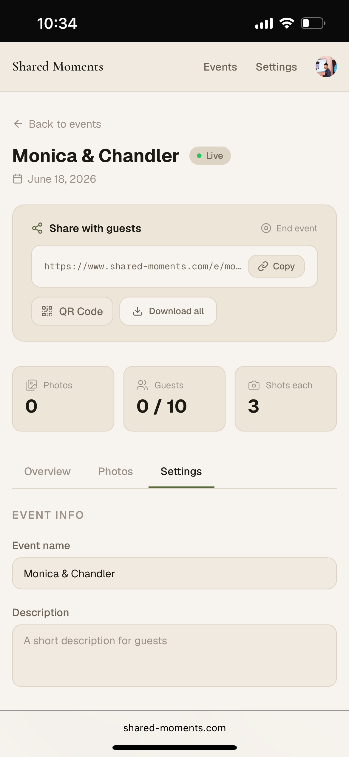 Event settings tab